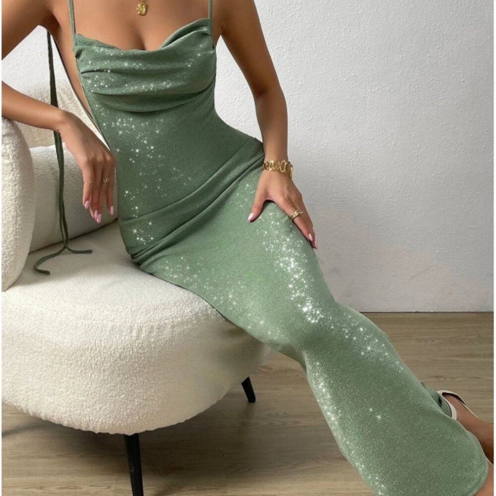 Sage Green Sequin Backless Maxi Dress | Open Back Evening Gown | Size M